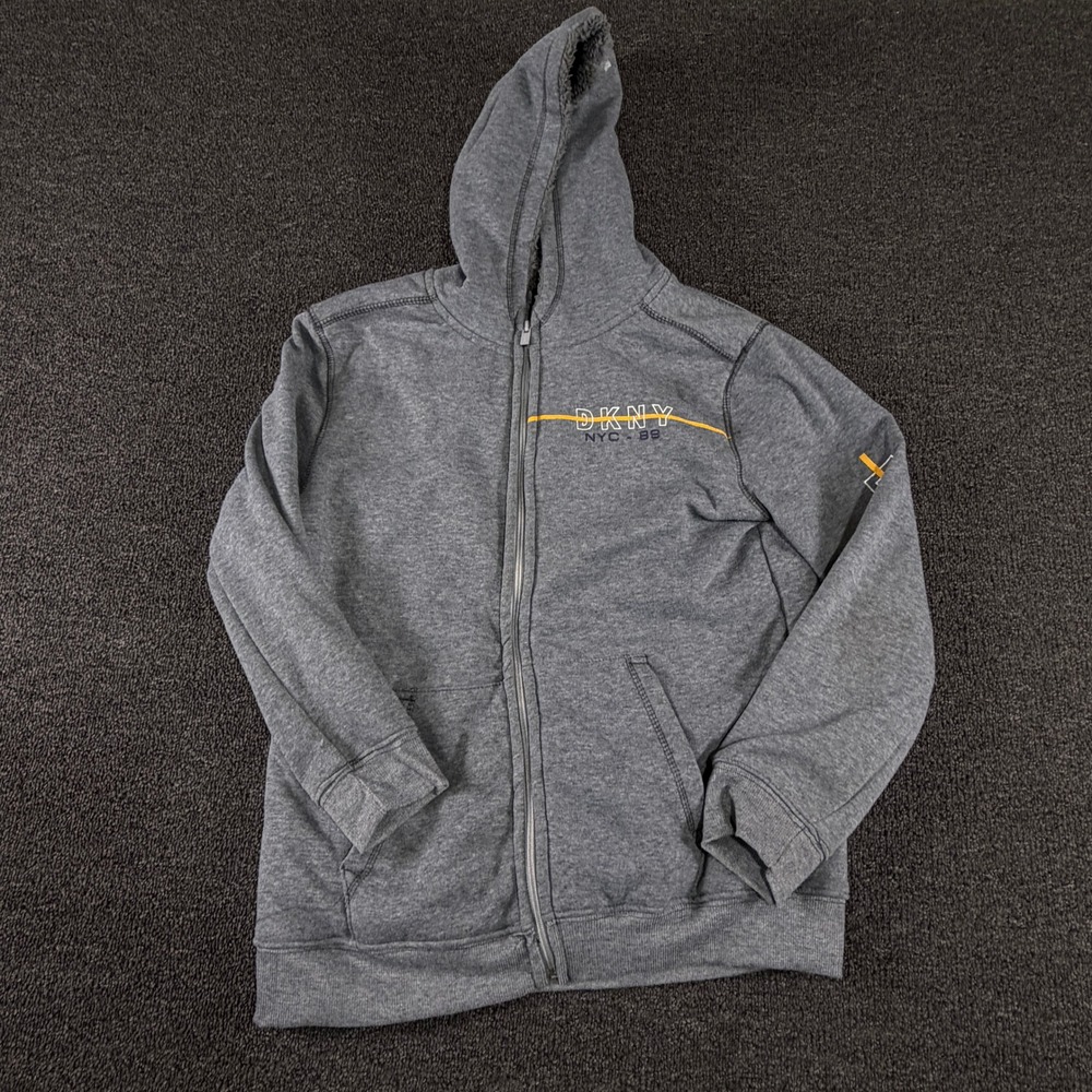 DKNY Hoodie Mens M Full Zip Charcoal Gray Sherpa Lined Hood NYC-89 EUC